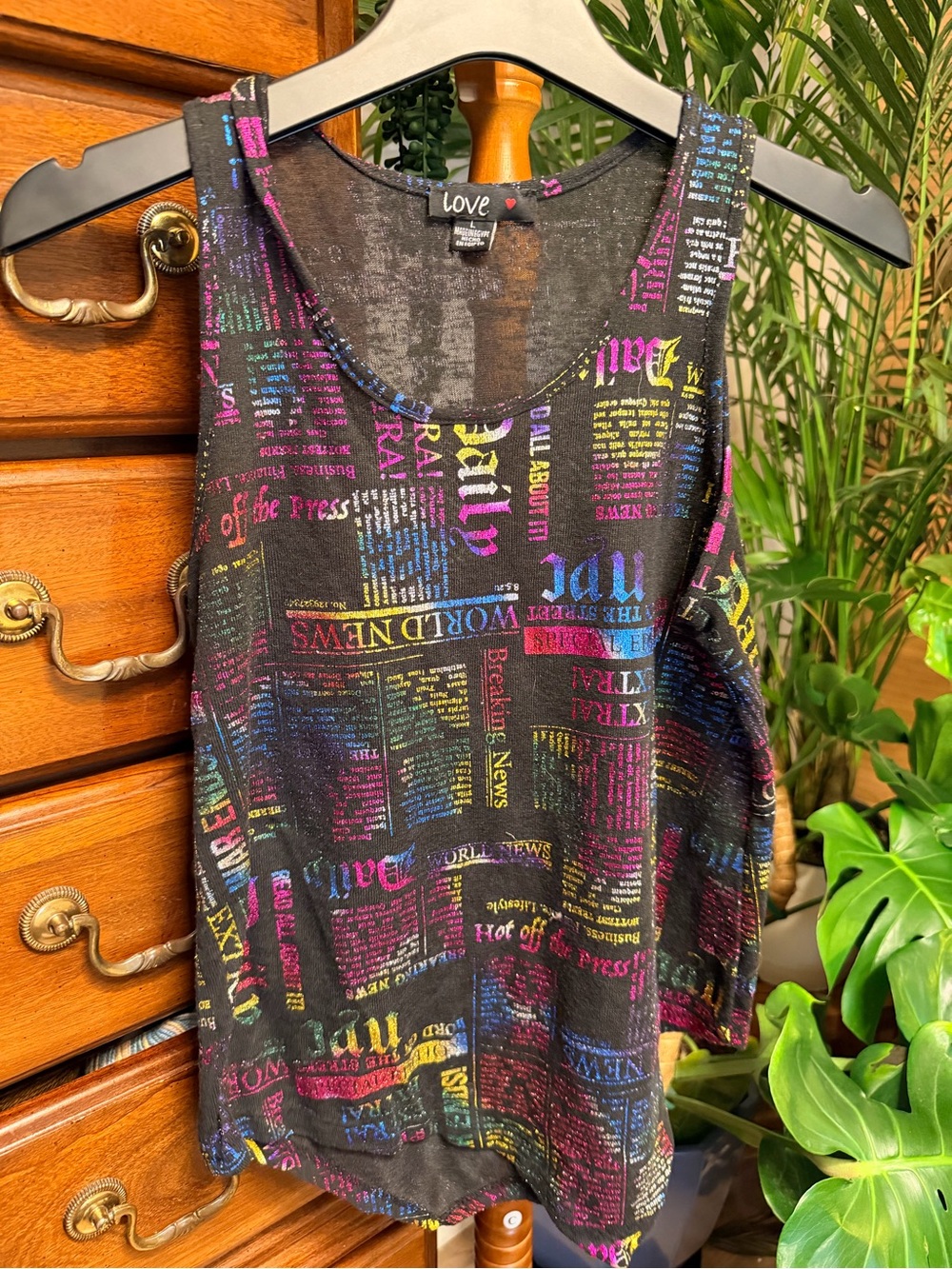 💕 3 for $25 sale! Love iridescent Tank with Neon Metallic Multi-Color Newsprint